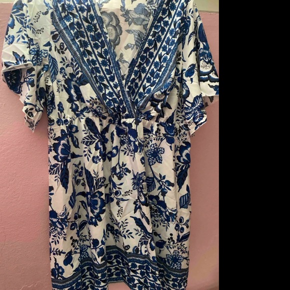 Boho Plus Size Floral Print Butterfly Sleeve Dress White Blue - Picture 7 of 7